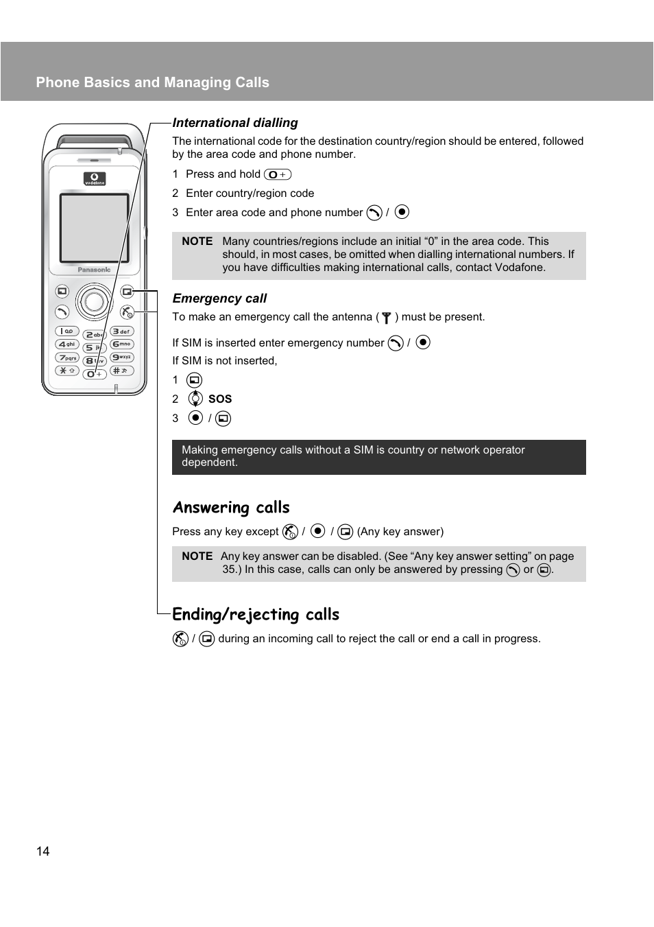 Answering calls, Ending/rejecting calls, Phone basics and managing calls | Panasonic EB-X200 User Manual | Page 17 / 96