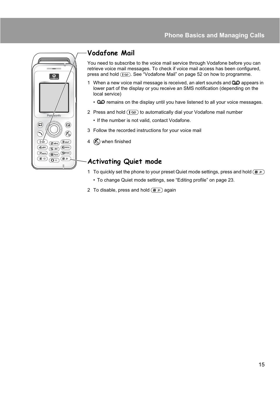 Vodafone mail, Activating quiet mode, Phone basics and managing calls | Panasonic EB-X200 User Manual | Page 18 / 96