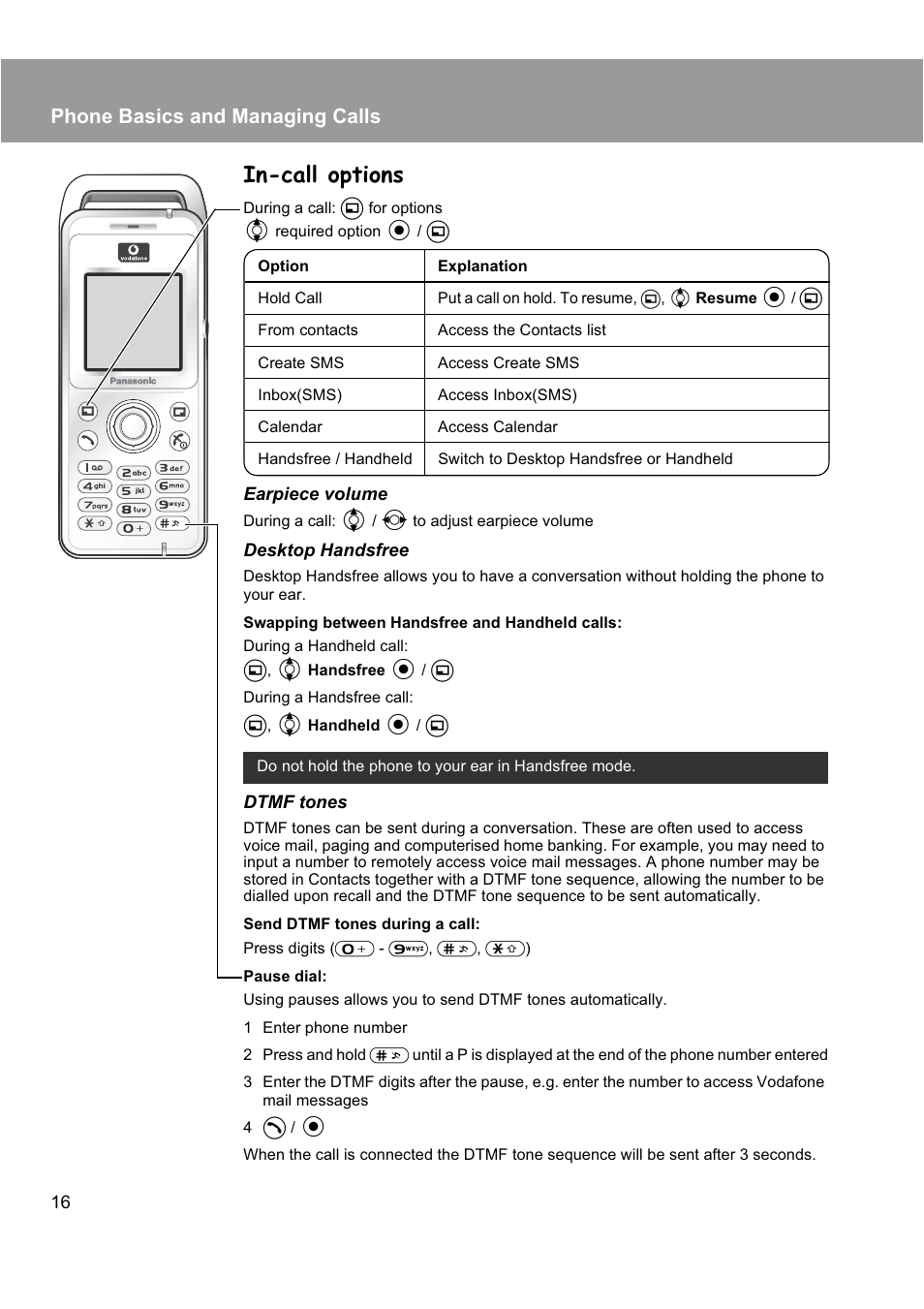 In-call options, Phone basics and managing calls | Panasonic EB-X200 User Manual | Page 19 / 96