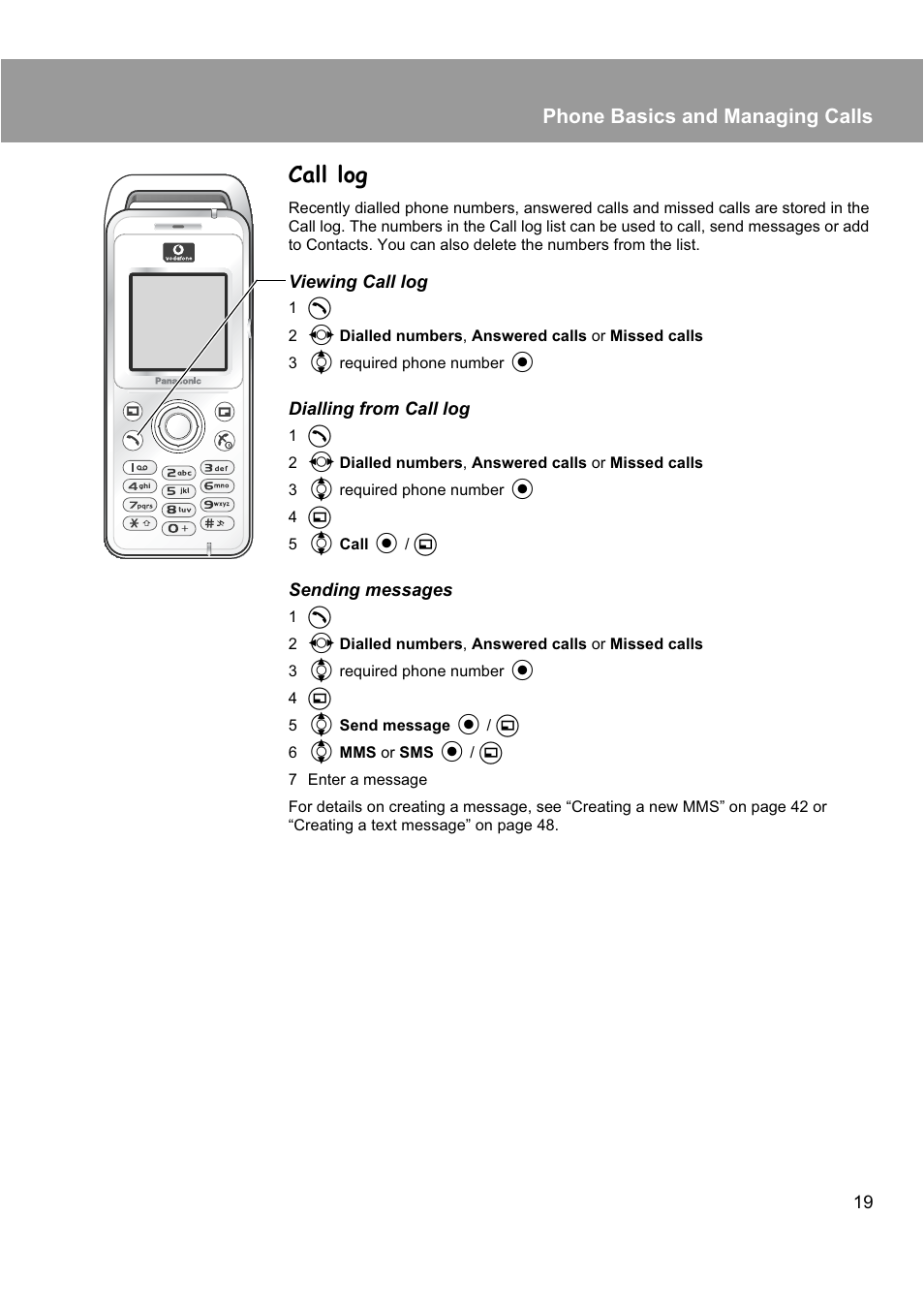 Call log, Phone basics and managing calls | Panasonic EB-X200 User Manual | Page 22 / 96