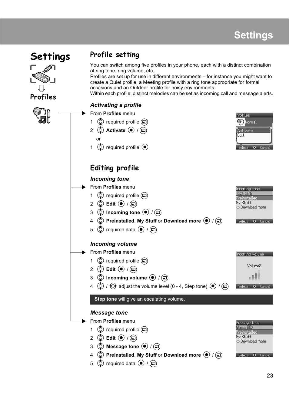 Settings, Profile setting, Editing profile | Profiles | Panasonic EB-X200 User Manual | Page 26 / 96
