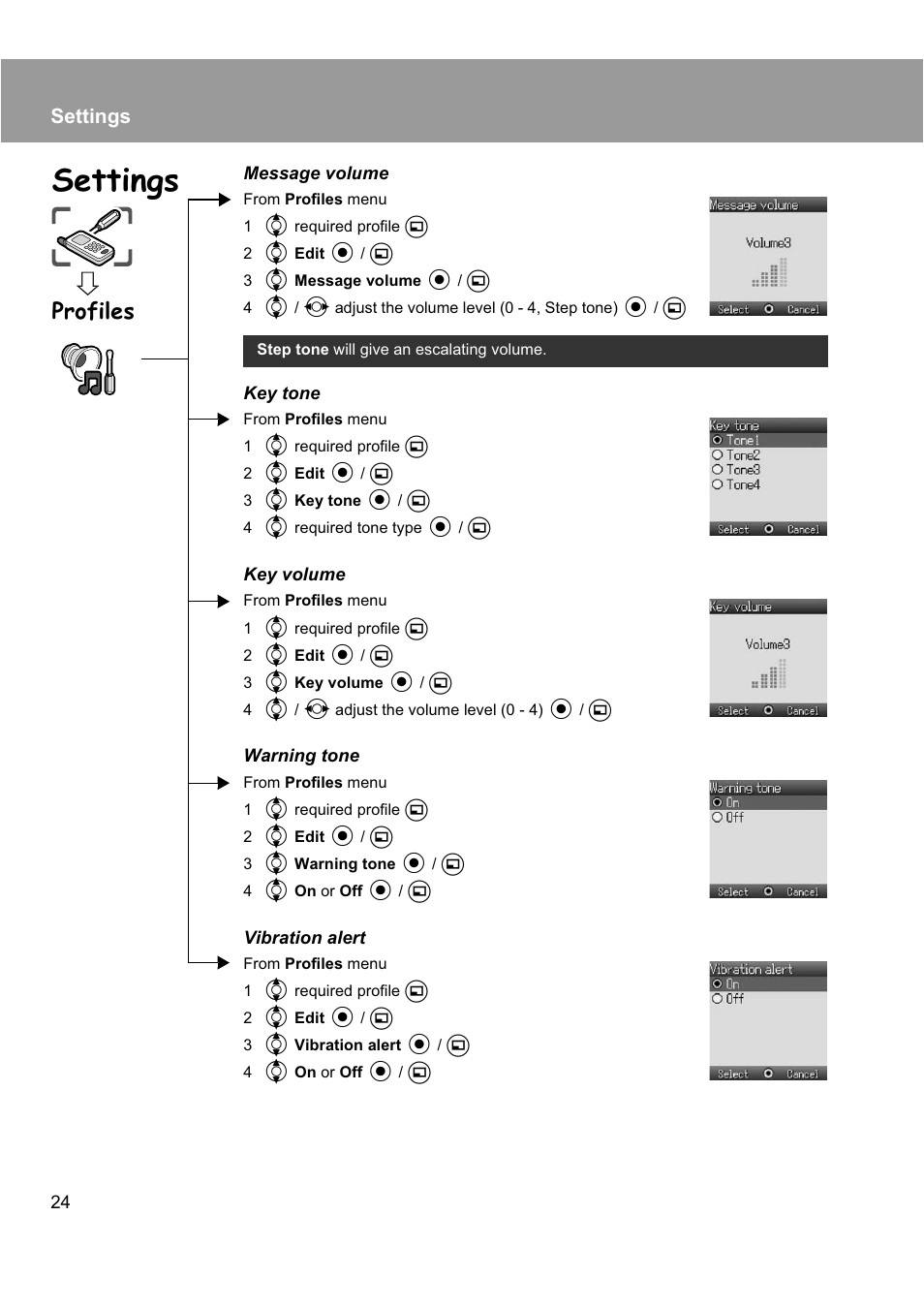 Profiles, Settings | Panasonic EB-X200 User Manual | Page 27 / 96