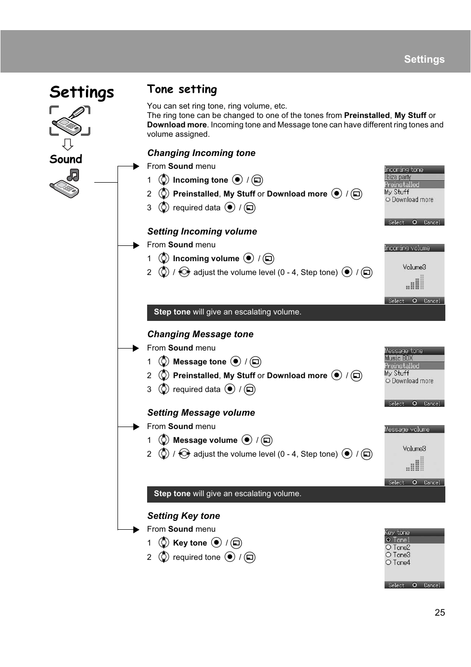 Tone setting, Sound, Settings | Panasonic EB-X200 User Manual | Page 28 / 96