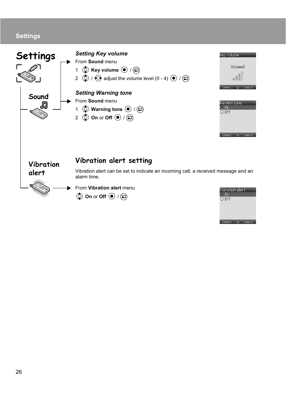 Settings, Vibration alert setting, Sound | Vibration alert | Panasonic EB-X200 User Manual | Page 29 / 96