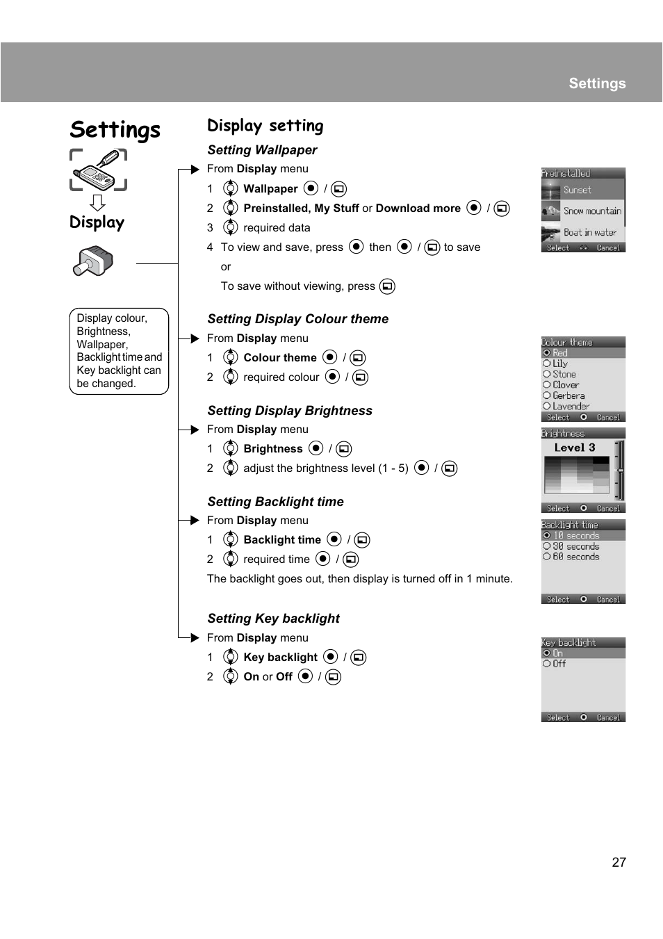 Display setting, Display, Settings | Panasonic EB-X200 User Manual | Page 30 / 96