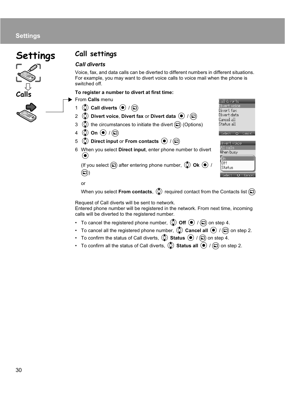 Call settings, Calls, Settings | Panasonic EB-X200 User Manual | Page 33 / 96