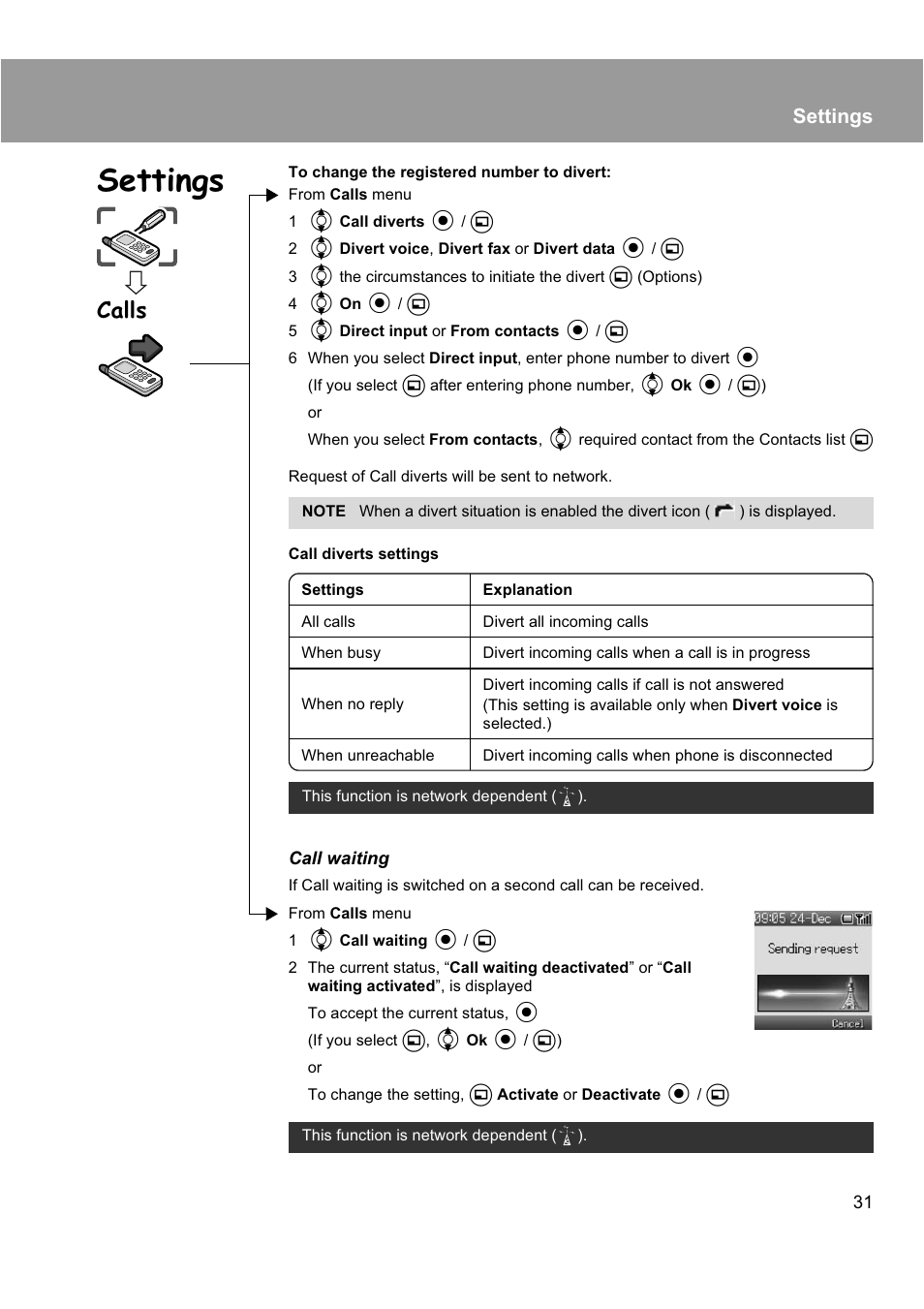 Calls, Settings | Panasonic EB-X200 User Manual | Page 34 / 96