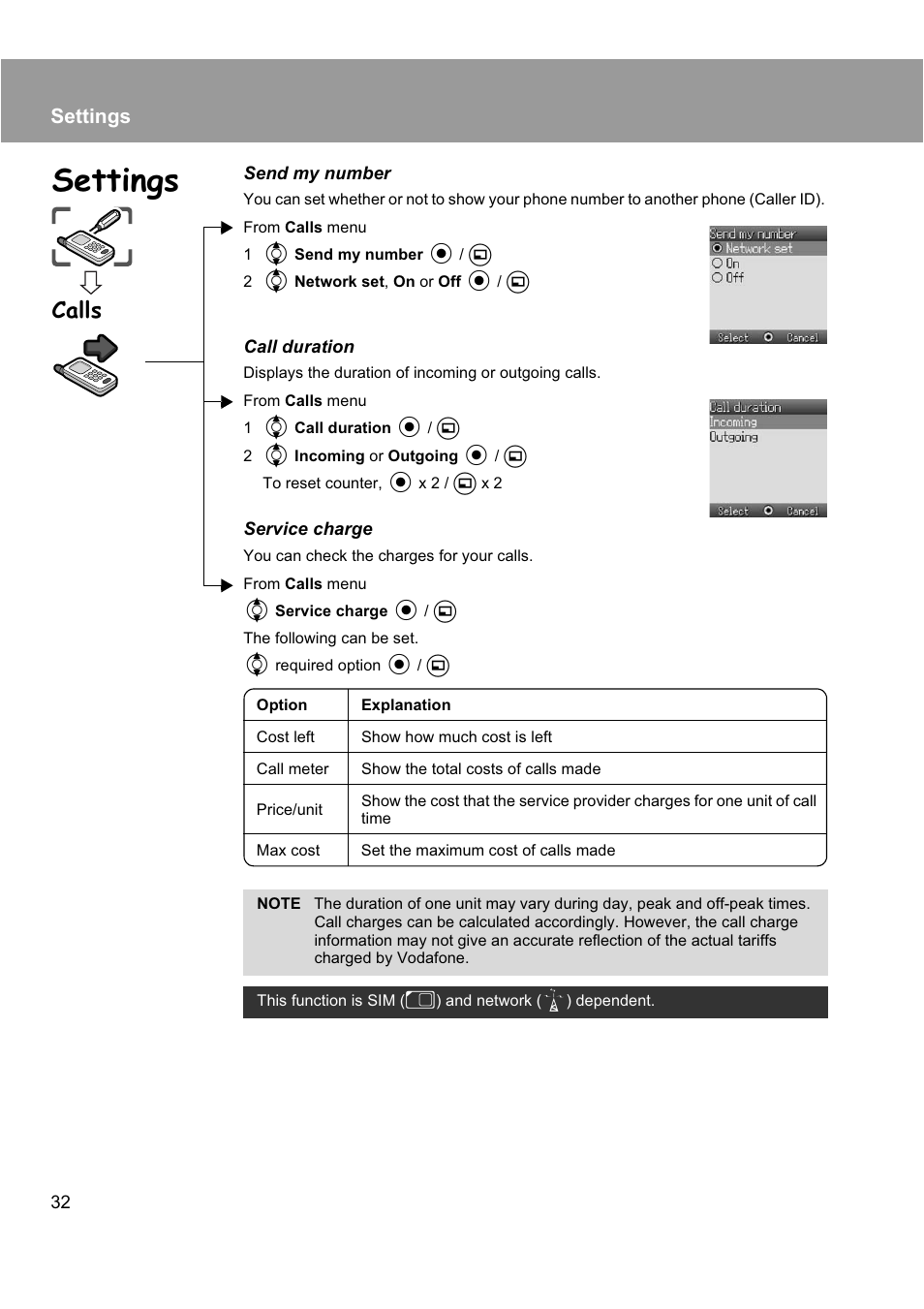 Calls, Settings | Panasonic EB-X200 User Manual | Page 35 / 96