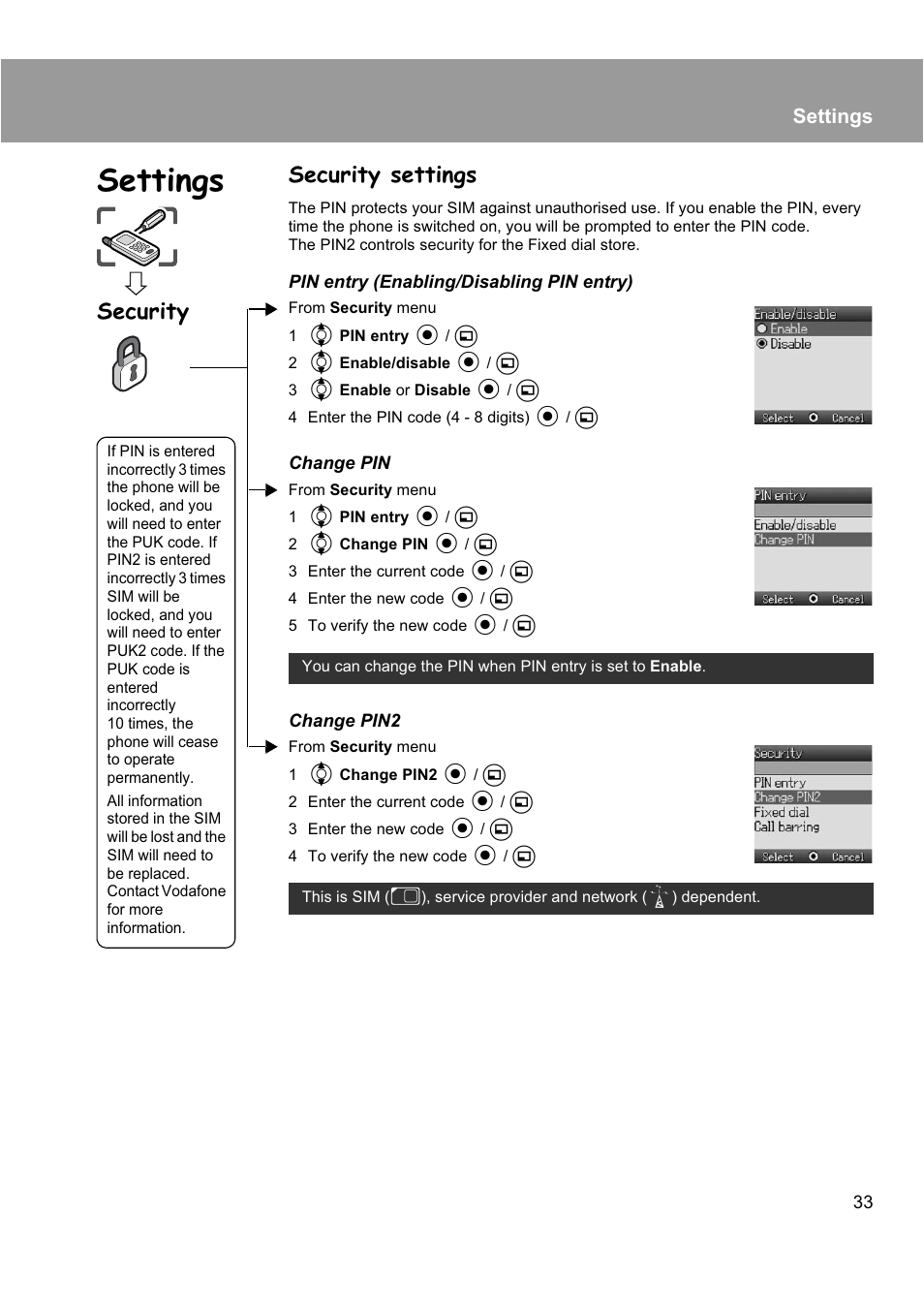 Security settings, Security, Settings | Panasonic EB-X200 User Manual | Page 36 / 96