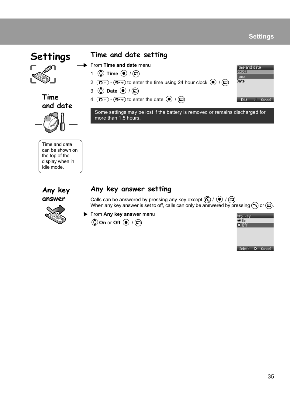 Settings, Time and date setting, Any key answer setting | Time and date, Any key answer | Panasonic EB-X200 User Manual | Page 38 / 96