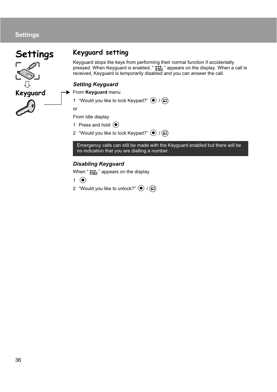 Settings, Keyguard setting, Keyguard | Panasonic EB-X200 User Manual | Page 39 / 96