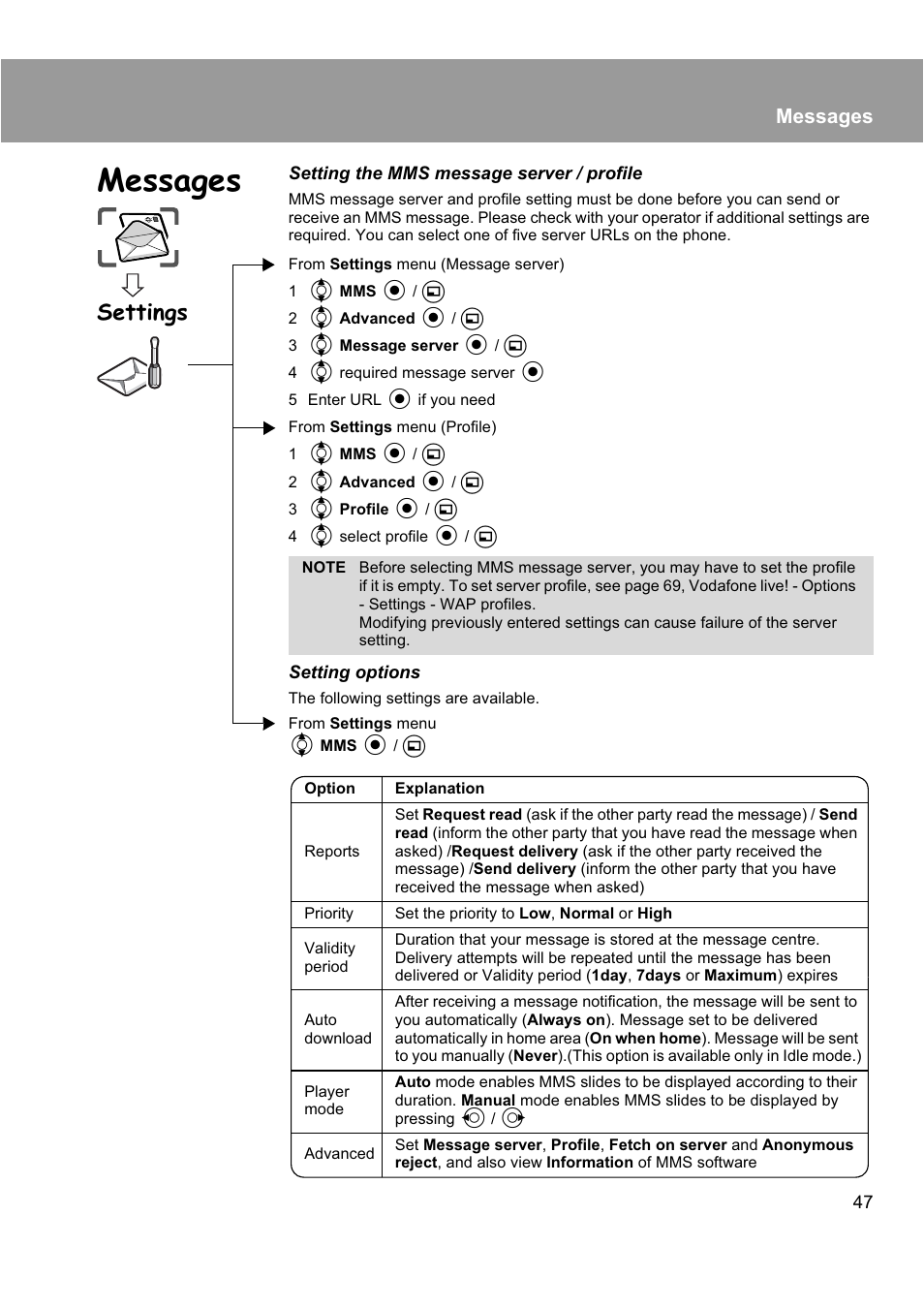 Settings, Messages | Panasonic EB-X200 User Manual | Page 50 / 96