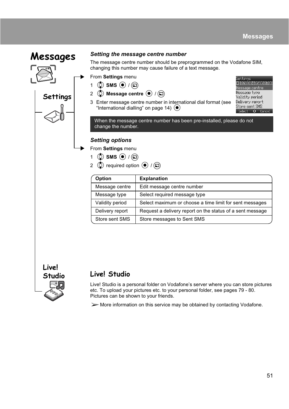 Live! studio, Settings, Messages | Panasonic EB-X200 User Manual | Page 54 / 96