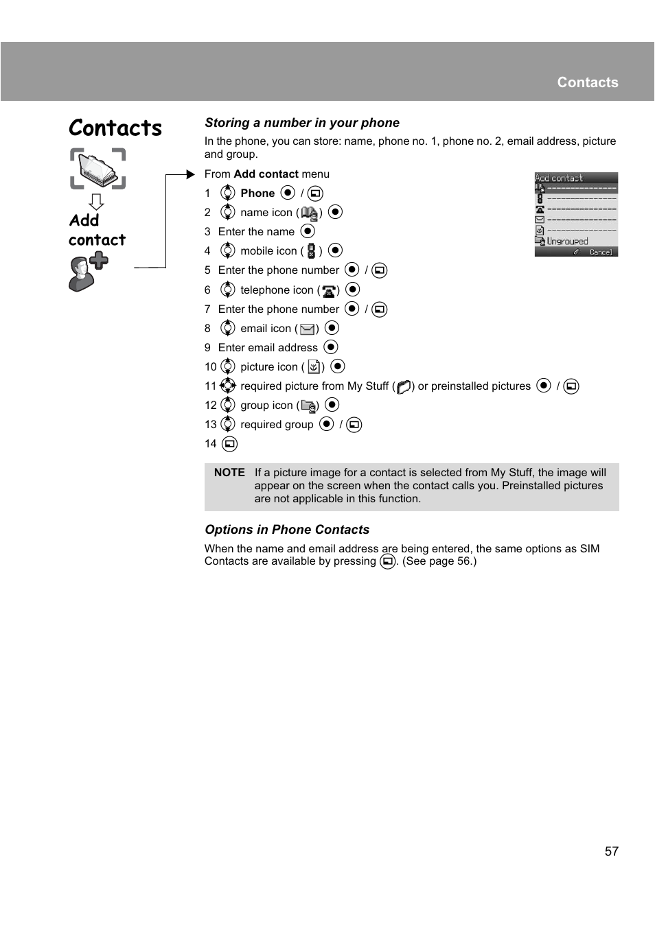 Add contact, Contacts | Panasonic EB-X200 User Manual | Page 60 / 96