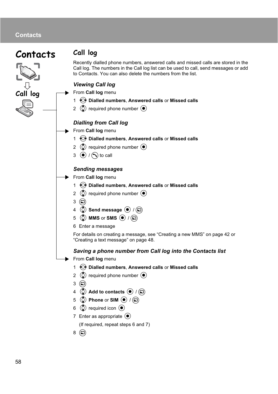 Call log, Contacts | Panasonic EB-X200 User Manual | Page 61 / 96