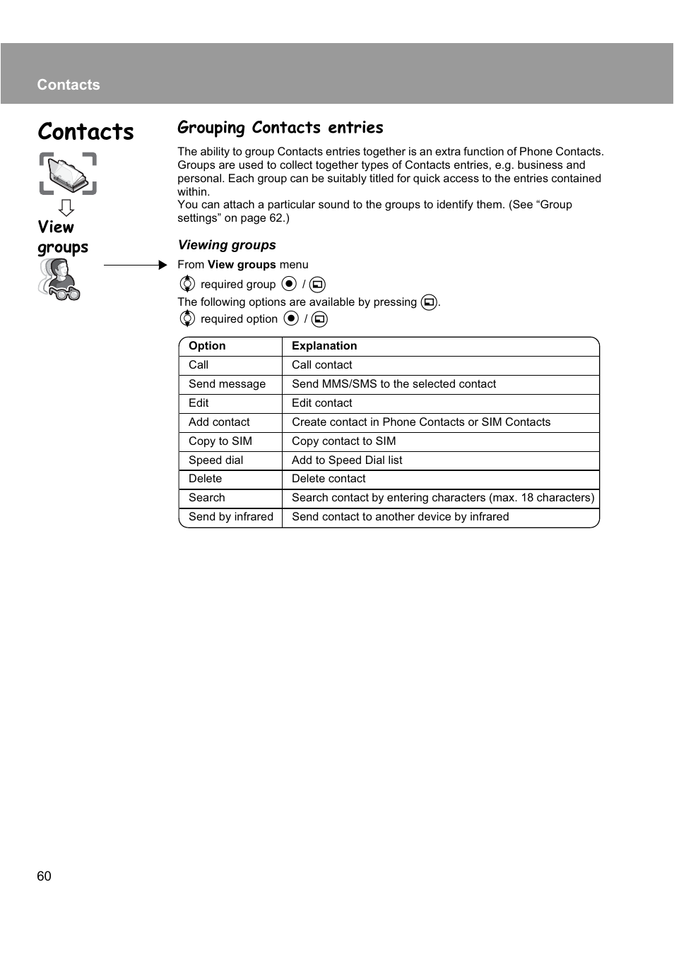 Grouping contacts entries, View groups, Contacts | Panasonic EB-X200 User Manual | Page 63 / 96