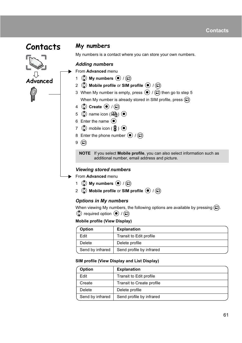 My numbers, Advanced, Contacts | Panasonic EB-X200 User Manual | Page 64 / 96