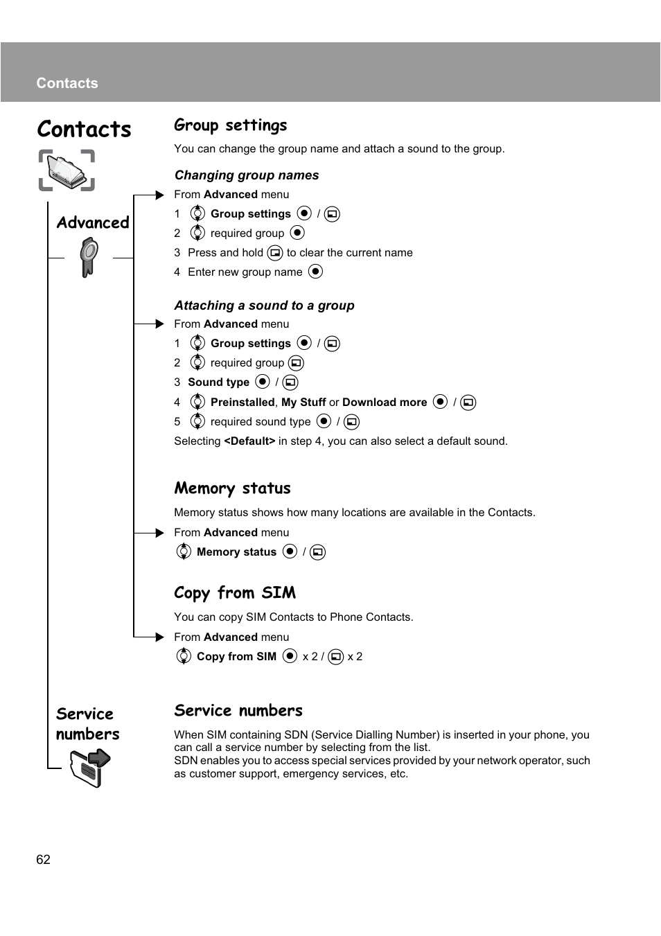 Contacts, Group settings, Copy from sim | Service numbers, Advanced | Panasonic EB-X200 User Manual | Page 65 / 96