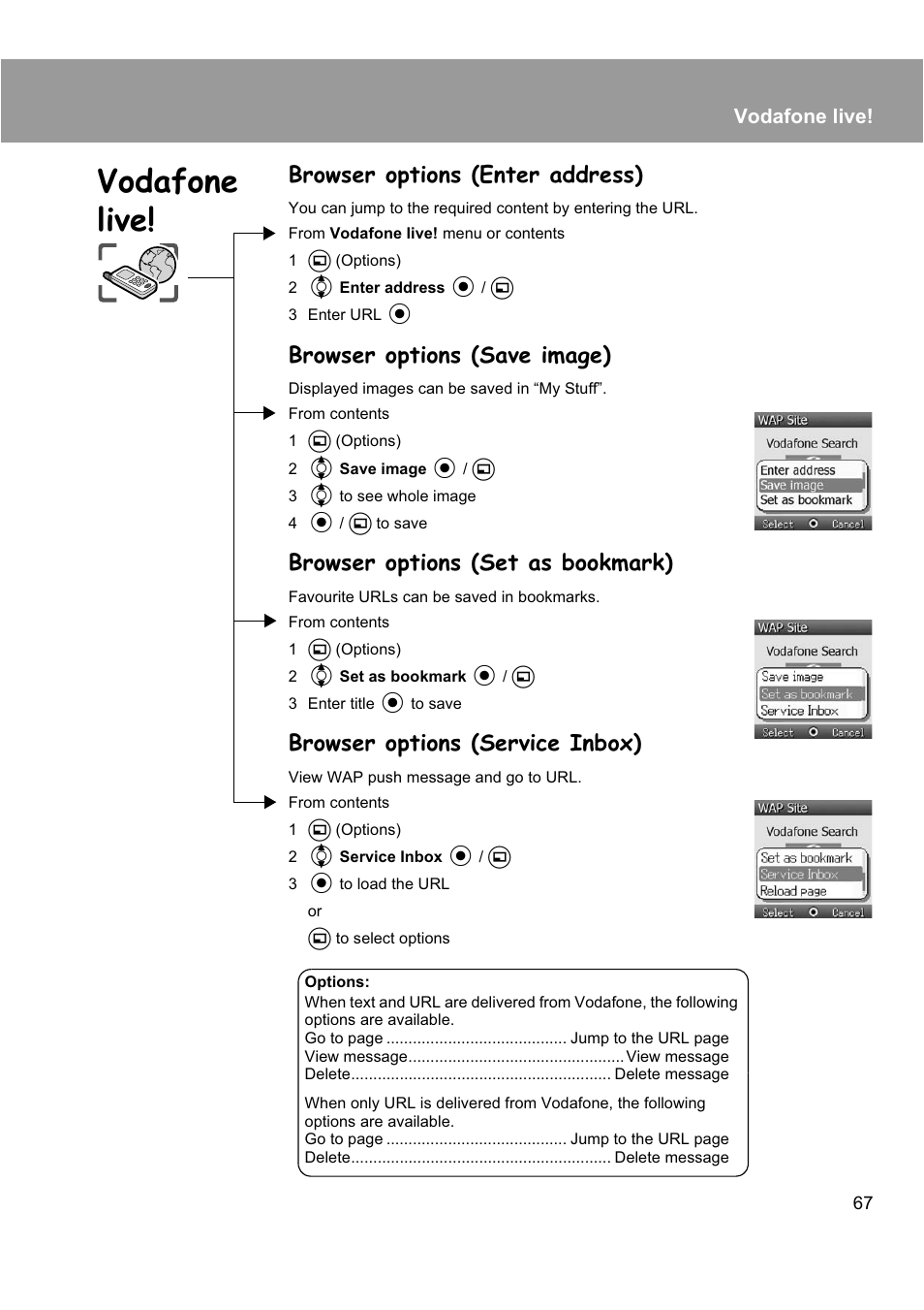 Browser options (enter address), Browser options (save image), Browser options (set as bookmark) | Browser options (service inbox), Vodafone live | Panasonic EB-X200 User Manual | Page 70 / 96