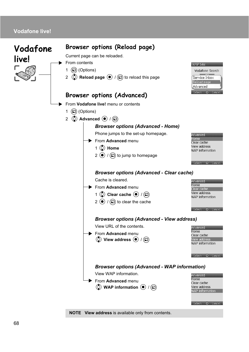 Browser options (reload page), Browser options (advanced), Vodafone live | Panasonic EB-X200 User Manual | Page 71 / 96