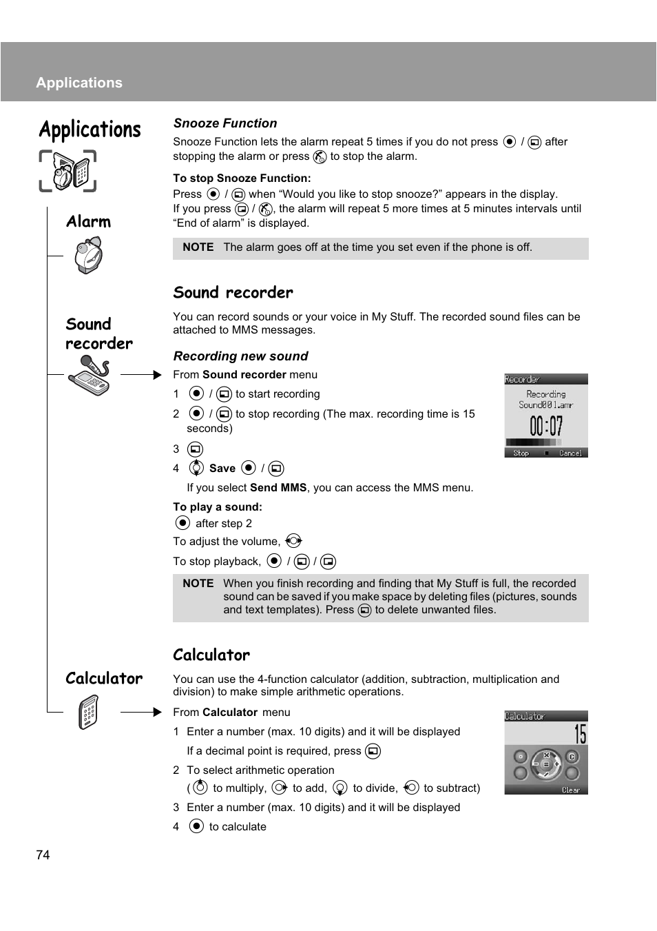 Sound recorder, Calculator, Calculator sound recorder | Alarm, Applications | Panasonic EB-X200 User Manual | Page 77 / 96