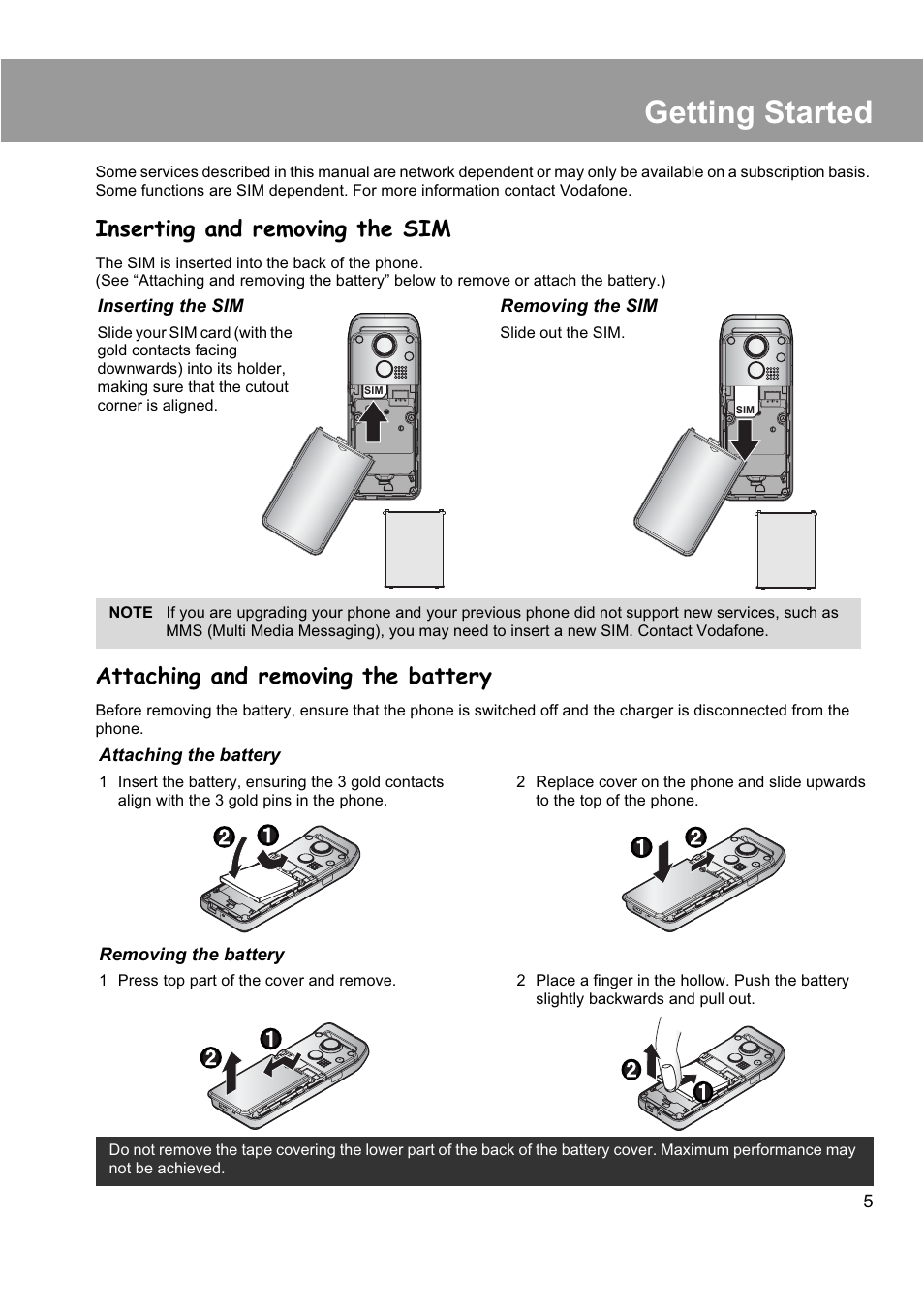 Getting started, Inserting and removing the sim, Attaching and removing the battery | Panasonic EB-X200 User Manual | Page 8 / 96