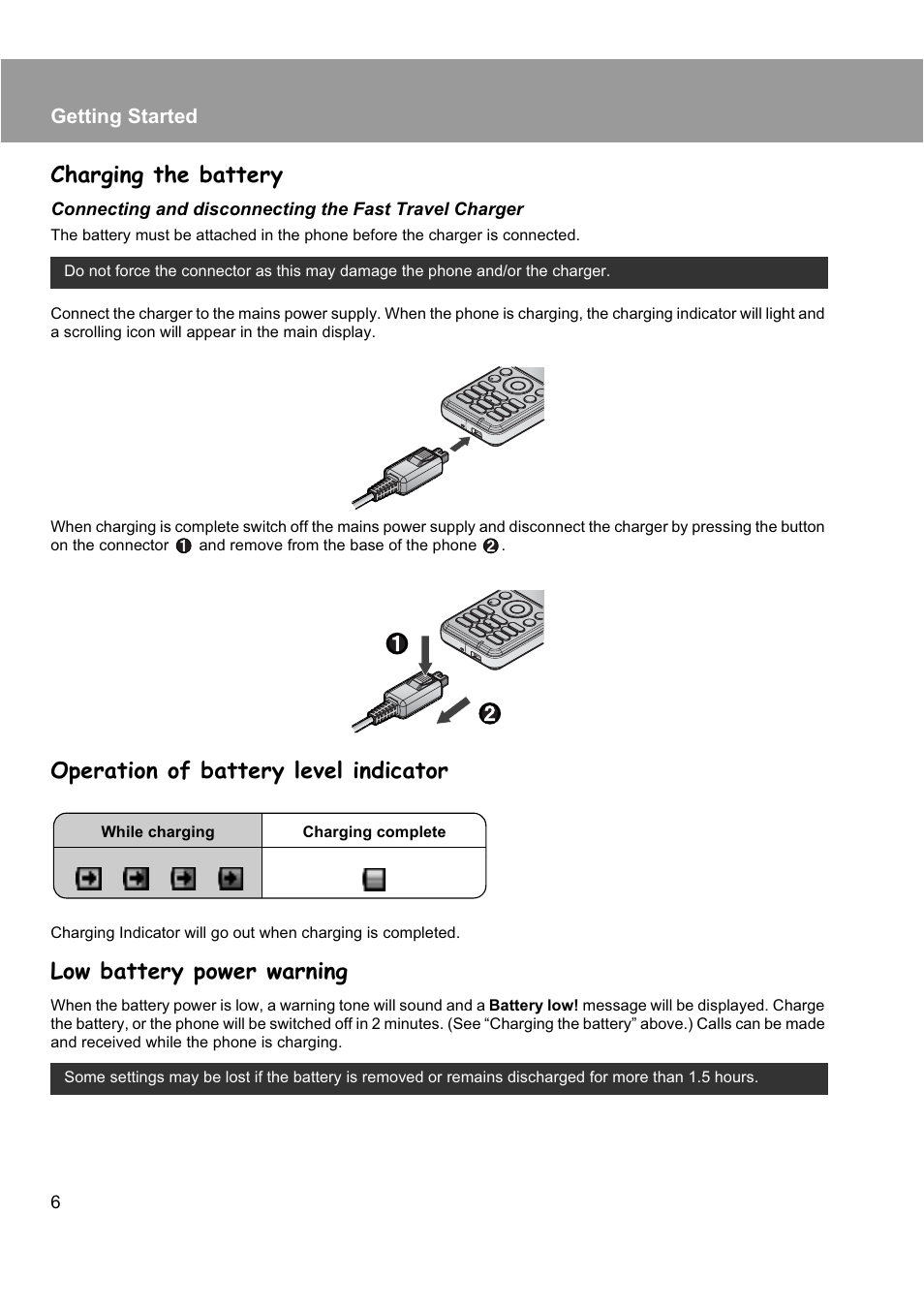 Charging the battery, Operation of battery level indicator, Low battery power warning | Panasonic EB-X200 User Manual | Page 9 / 96