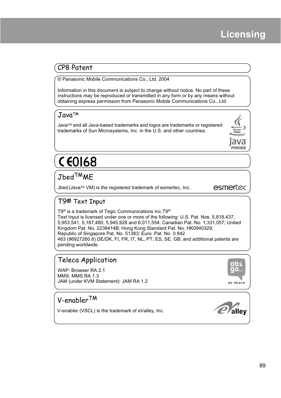 Licensing, Cp8 patent, Java | Jbed, Teleca application, V-enabler | Panasonic EB-X200 User Manual | Page 92 / 96