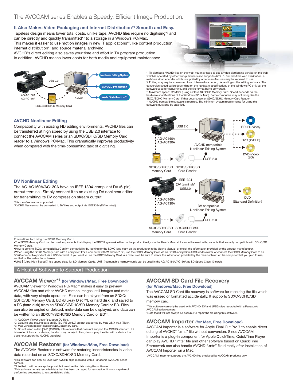 Avccam viewer, Avccam restorer, Avccam sd card file recovery | Avccam importer, A host of software to support production, Smooth and easy, Avchd nonlinear editing, Dv nonlinear editing | Panasonic AG-AC130A User Manual | Page 10 / 12