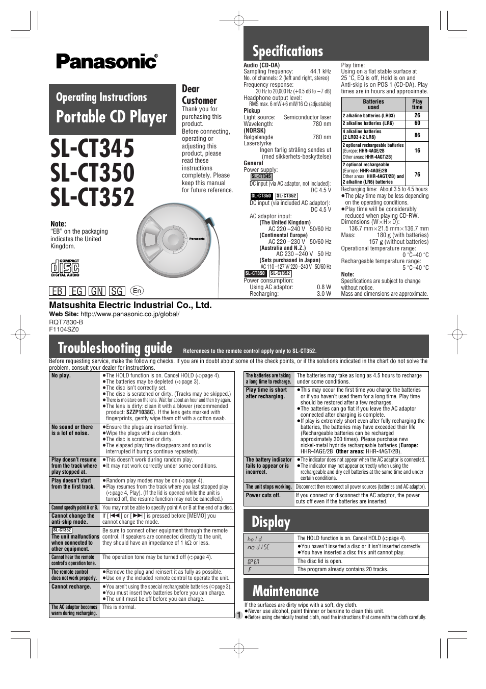 Panasonic SL-CT350 User Manual | 4 pages