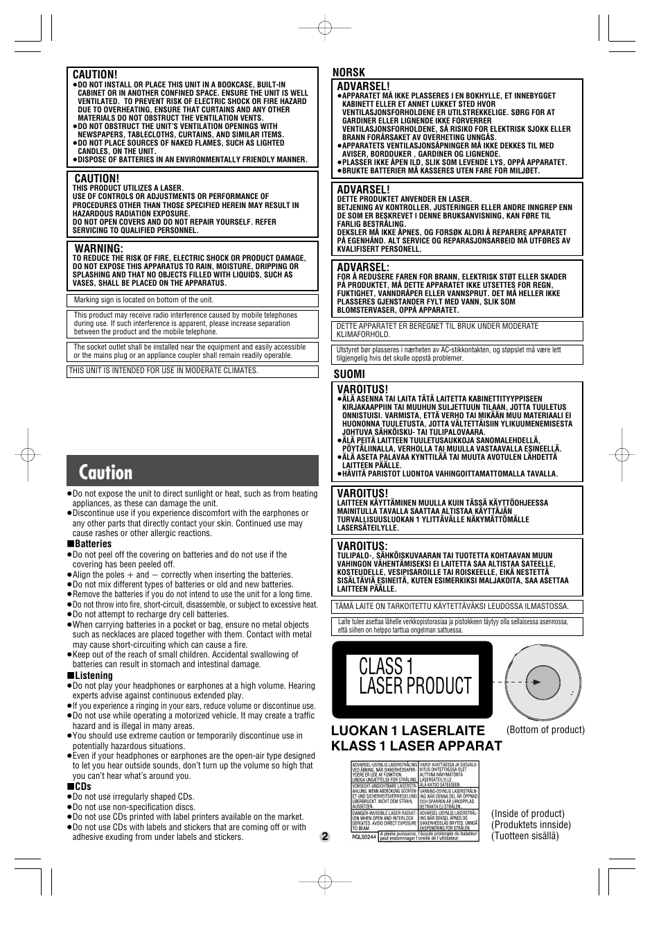 Class 1 laser product, Caution, Luokan 1 laserlaite klass 1 laser apparat | Panasonic SL-CT350 User Manual | Page 2 / 4