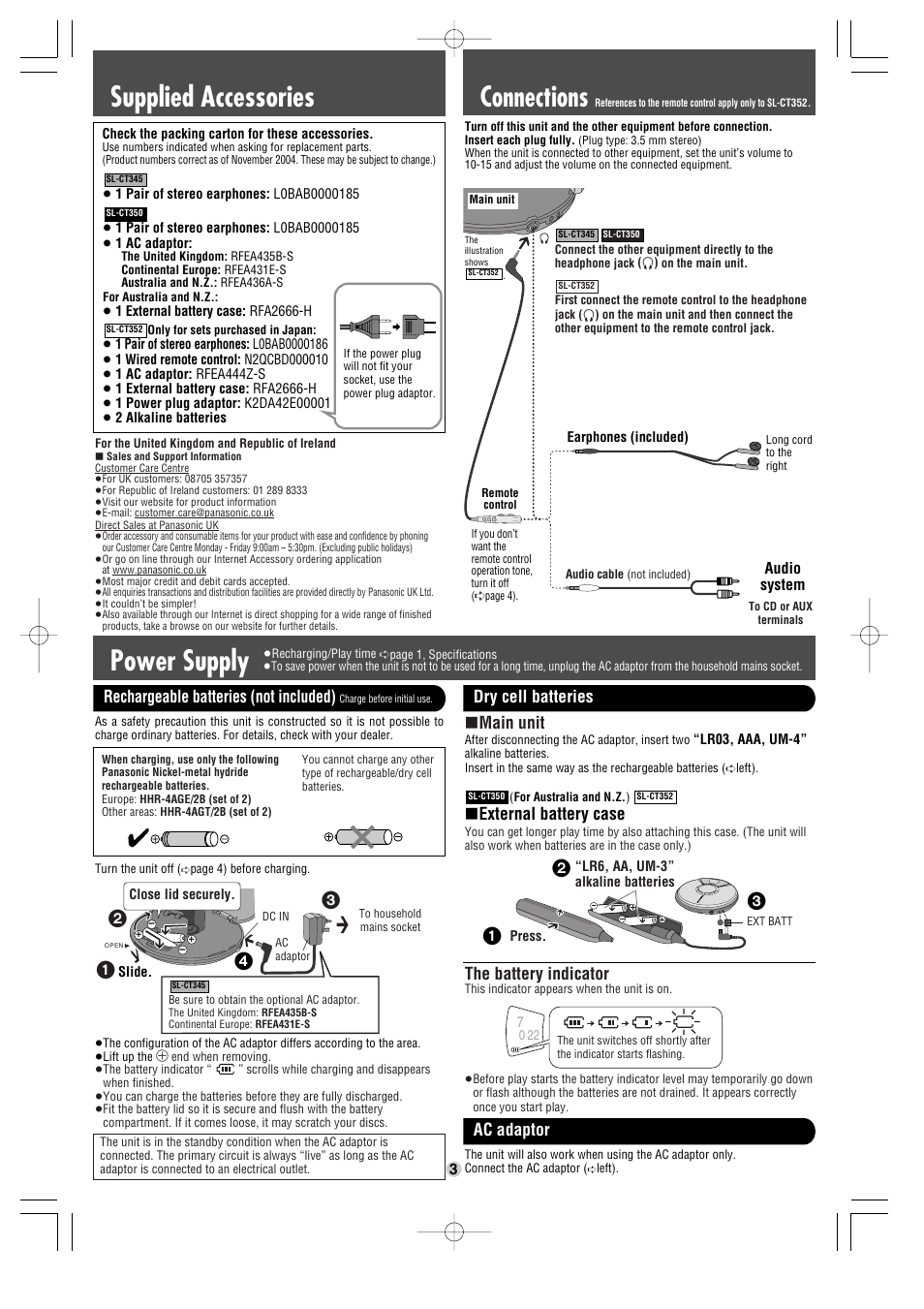 Power supply supplied accessories, Connections, Rechargeable batteries (not included) | Dry cell batteries, The battery indicator, Ac adaptor, External battery case, Main unit | Panasonic SL-CT350 User Manual | Page 3 / 4