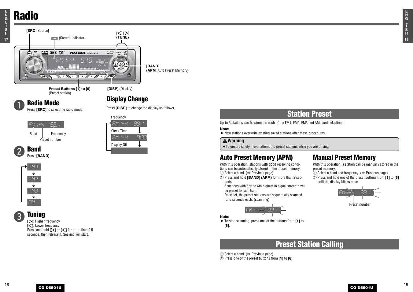 Each source, Radio, Preset station calling | Station preset, Radio mode, Band, Tuning, Display change | Panasonic CQ-D5501U User Manual | Page 10 / 32