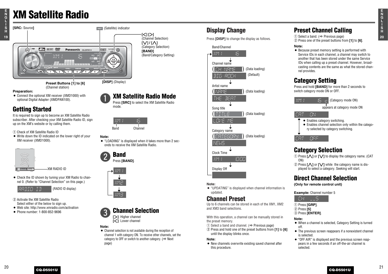 Xm satellite radio, Display change, Channel preset | Preset channel calling, Category setting, Category selection, Direct channel selection, Getting started, Xm satellite radio mode, Band | Panasonic CQ-D5501U User Manual | Page 11 / 32