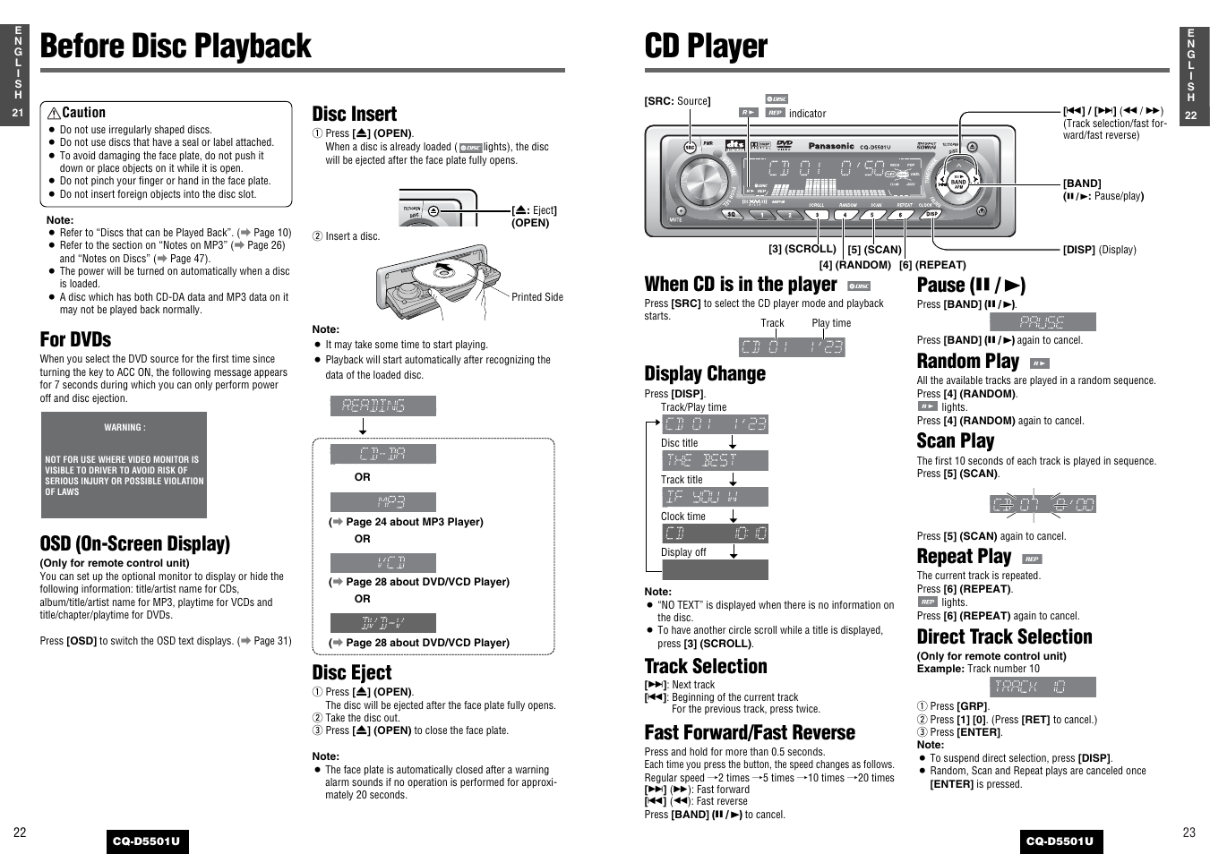 Before disc playback, Cd player, When cd is in the player | Display change, Track selection, Fast forward/fast reverse, Pause ( y / 5 ), Random play, Scan play, Repeat play | Panasonic CQ-D5501U User Manual | Page 12 / 32