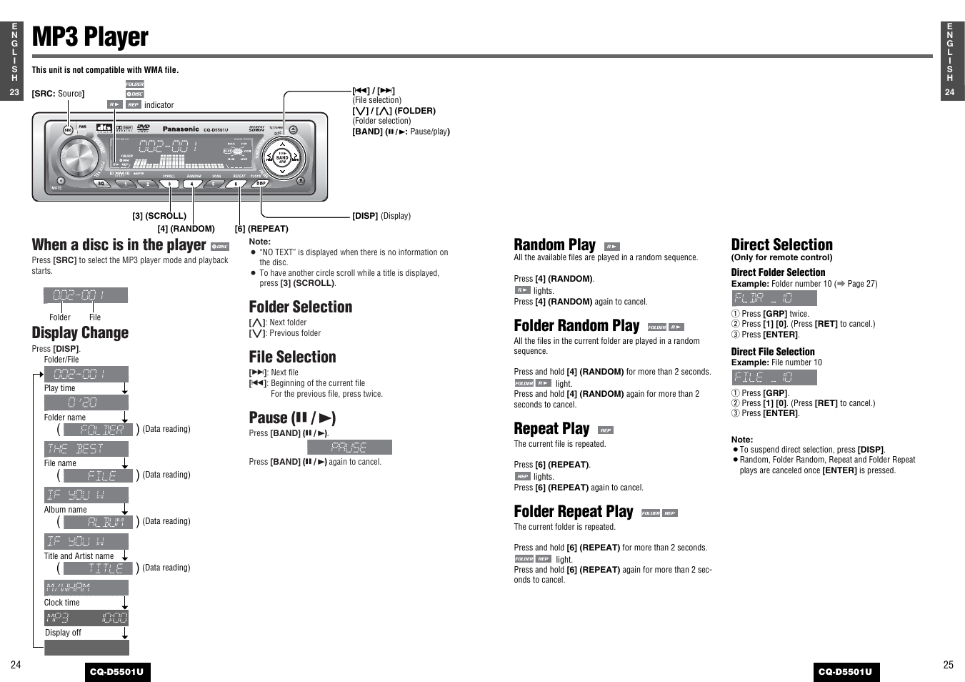 Mp3 player, When a disc is in the player, Display change | Folder selection, File selection, Pause ( y / 5 ), Random play, Folder random play, Repeat play, Folder repeat play | Panasonic CQ-D5501U User Manual | Page 13 / 32
