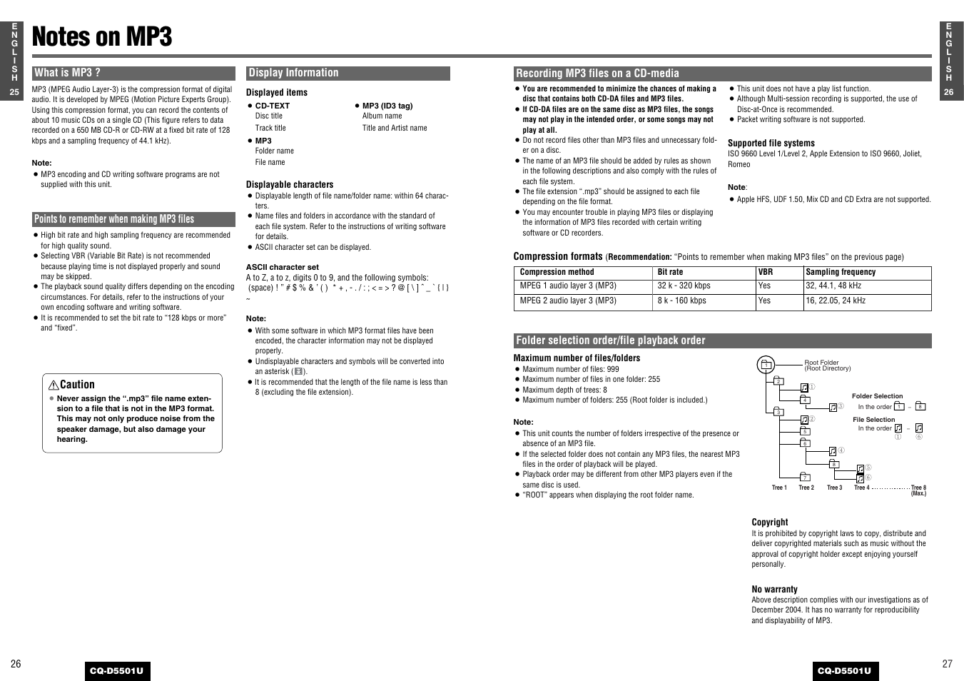 Notes on mp3, What is mp3, Points to remember when making mp3 files | Display information, Caution, Recording mp3 files on a cd-media | Panasonic CQ-D5501U User Manual | Page 14 / 32