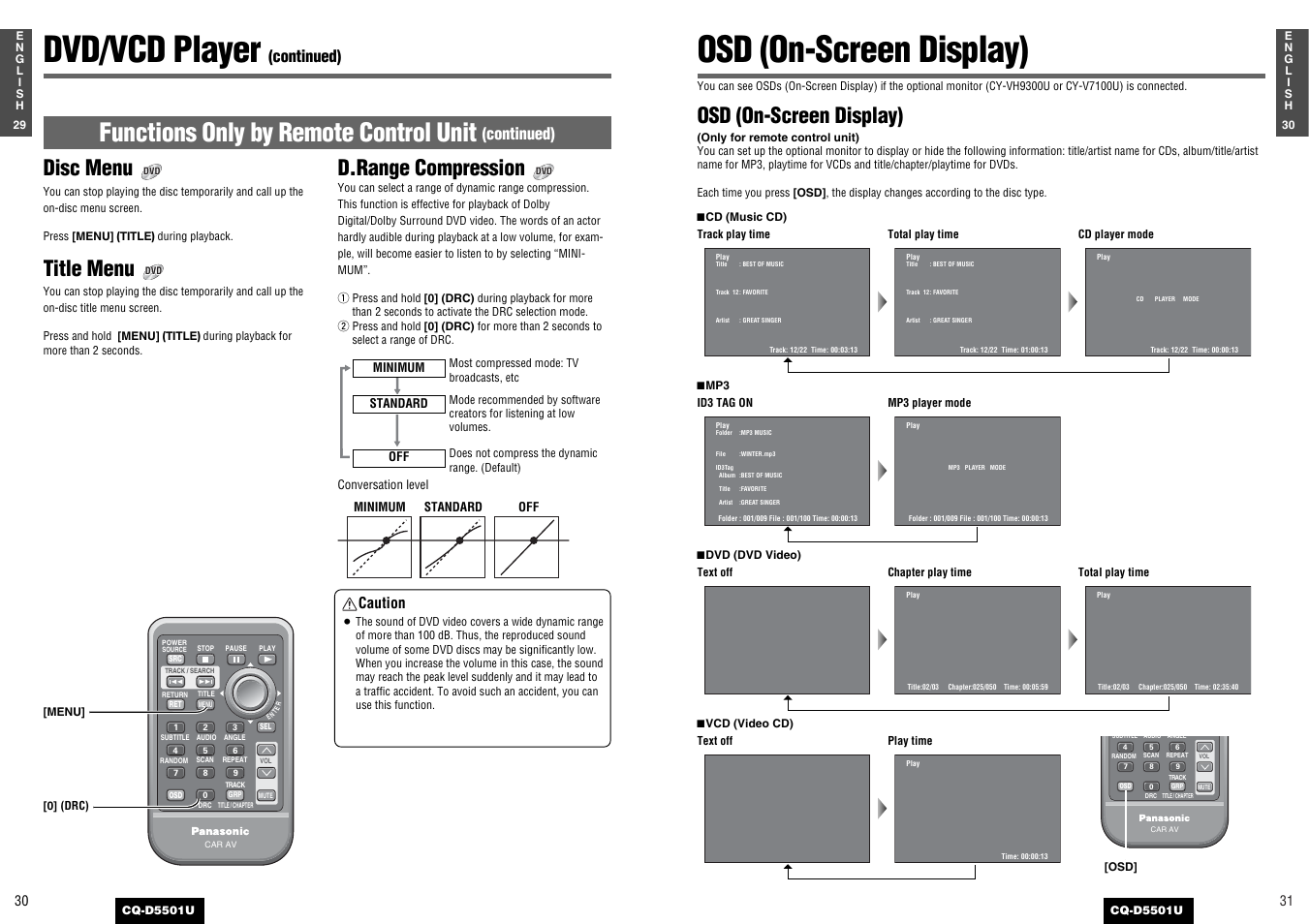 Osd (on-screen display), Dvd/vcd player, Functions only by remote control unit | Disc menu, Title menu, D.range compression, Continued), Caution | Panasonic CQ-D5501U User Manual | Page 16 / 32