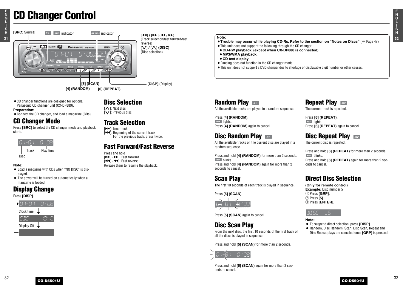 Cd changer control, Random play, Disc random play | Scan play, Disc scan play, Repeat play, Disc repeat play, Direct disc selection, Cd changer mode, Display change | Panasonic CQ-D5501U User Manual | Page 17 / 32