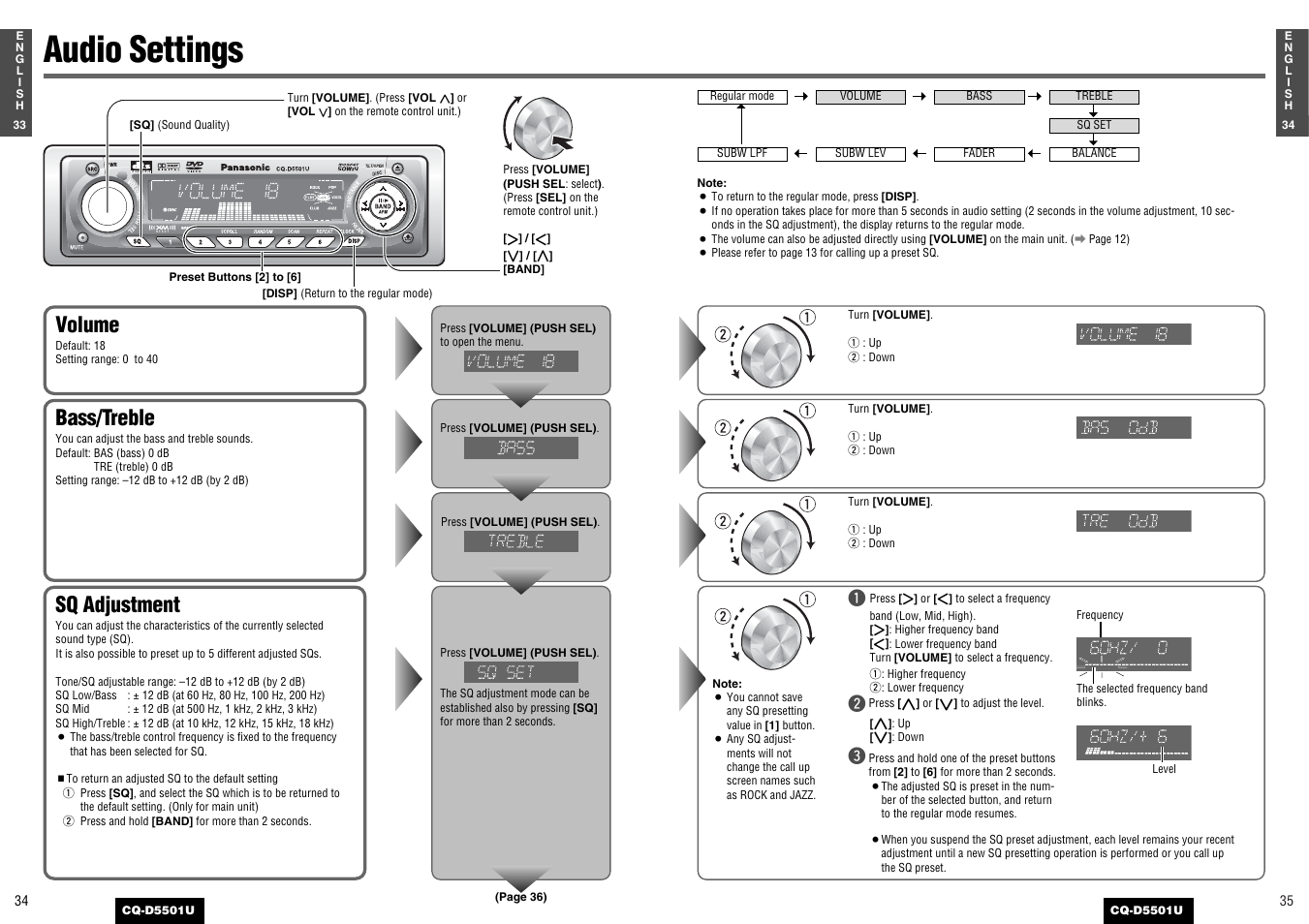 As needed, Audio settings, Sq adjustment | Bass/treble, Volume | Panasonic CQ-D5501U User Manual | Page 18 / 32