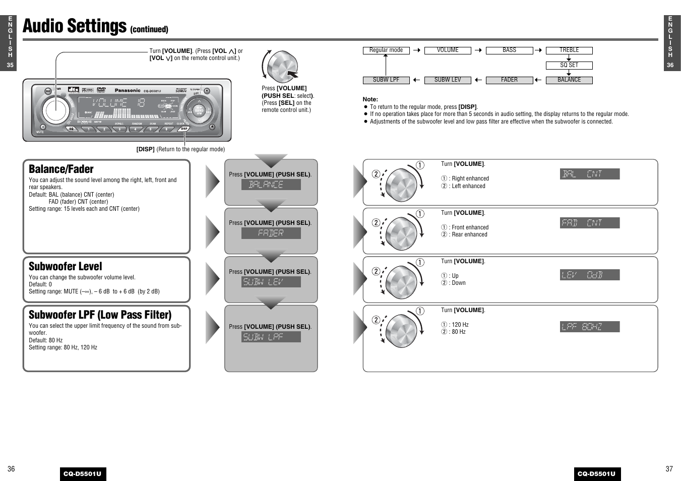 Audio settings, Balance/fader, Subwoofer lpf (low pass filter) | Subwoofer level | Panasonic CQ-D5501U User Manual | Page 19 / 32