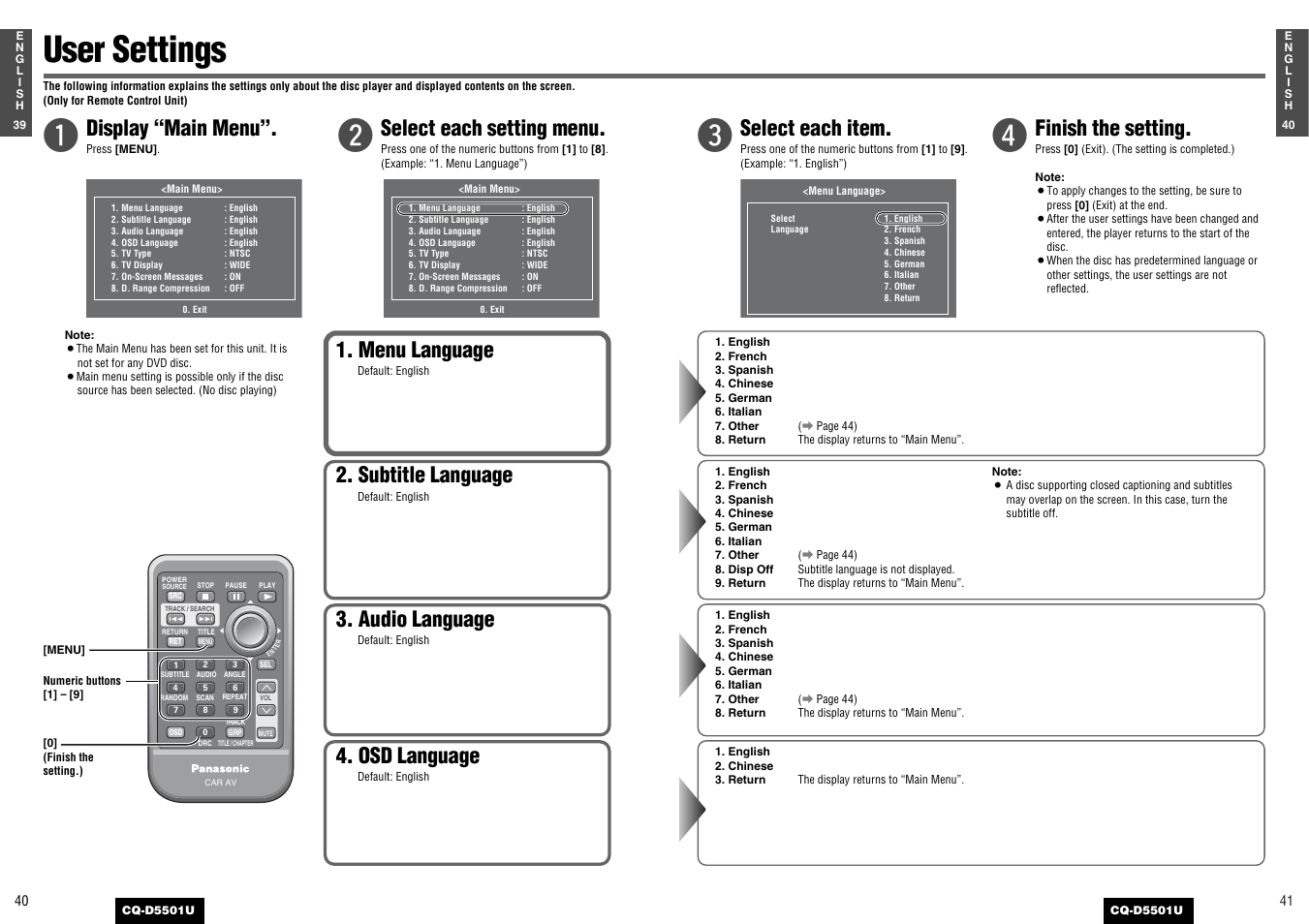 User settings, Menu language, Osd language | Audio language, Subtitle language, Display “main menu, Select each setting menu, Select each item, Finish the setting | Panasonic CQ-D5501U User Manual | Page 21 / 32