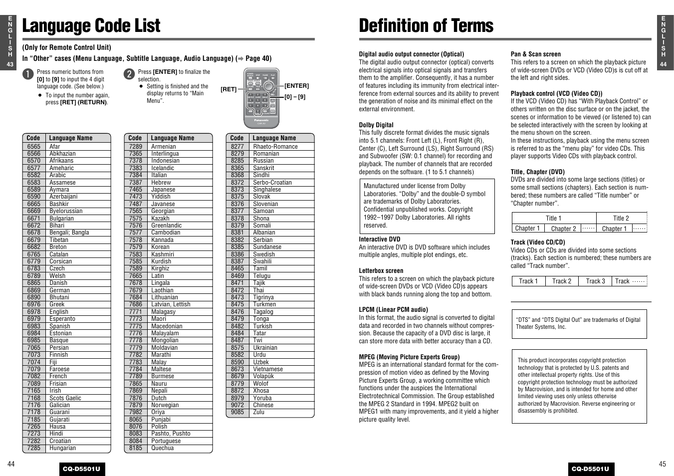 Language code list, Definition of terms | Panasonic CQ-D5501U User Manual | Page 23 / 32