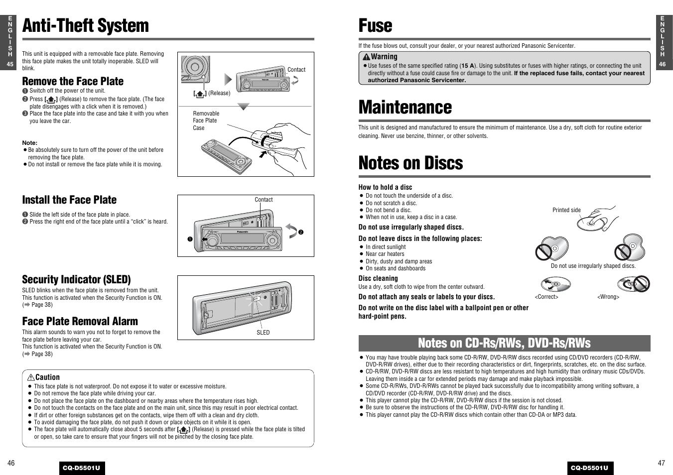 Anti-theft system, Fuse, Maintenance | Notes on discs, Security indicator (sled), Face plate removal alarm, Remove the face plate, Install the face plate | Panasonic CQ-D5501U User Manual | Page 24 / 32