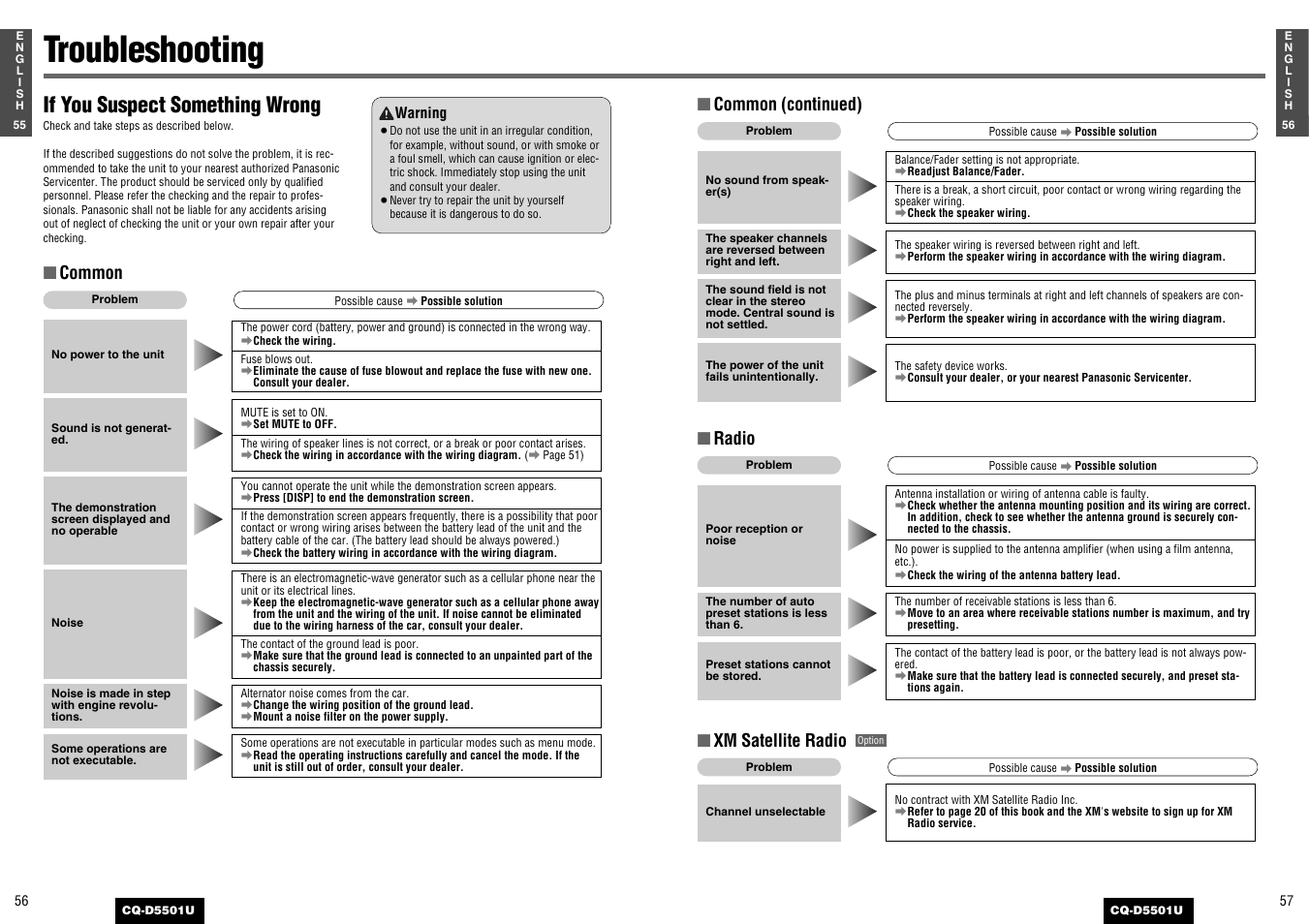 Troubleshooting, If you suspect something wrong, Common (continued) | Radio, Common, Xm satellite radio | Panasonic CQ-D5501U User Manual | Page 29 / 32