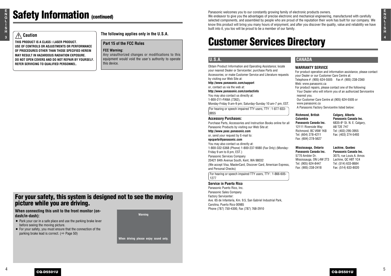 Customer services directory, Safety information | Panasonic CQ-D5501U User Manual | Page 3 / 32