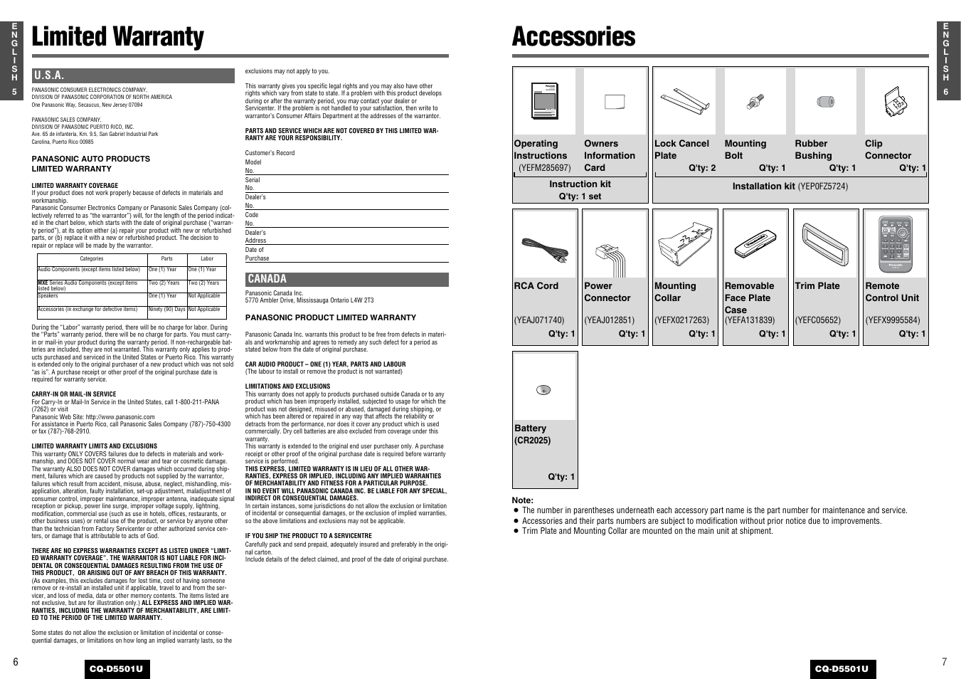 Limited warranty, Accessories, Car av | Panasonic CQ-D5501U User Manual | Page 4 / 32