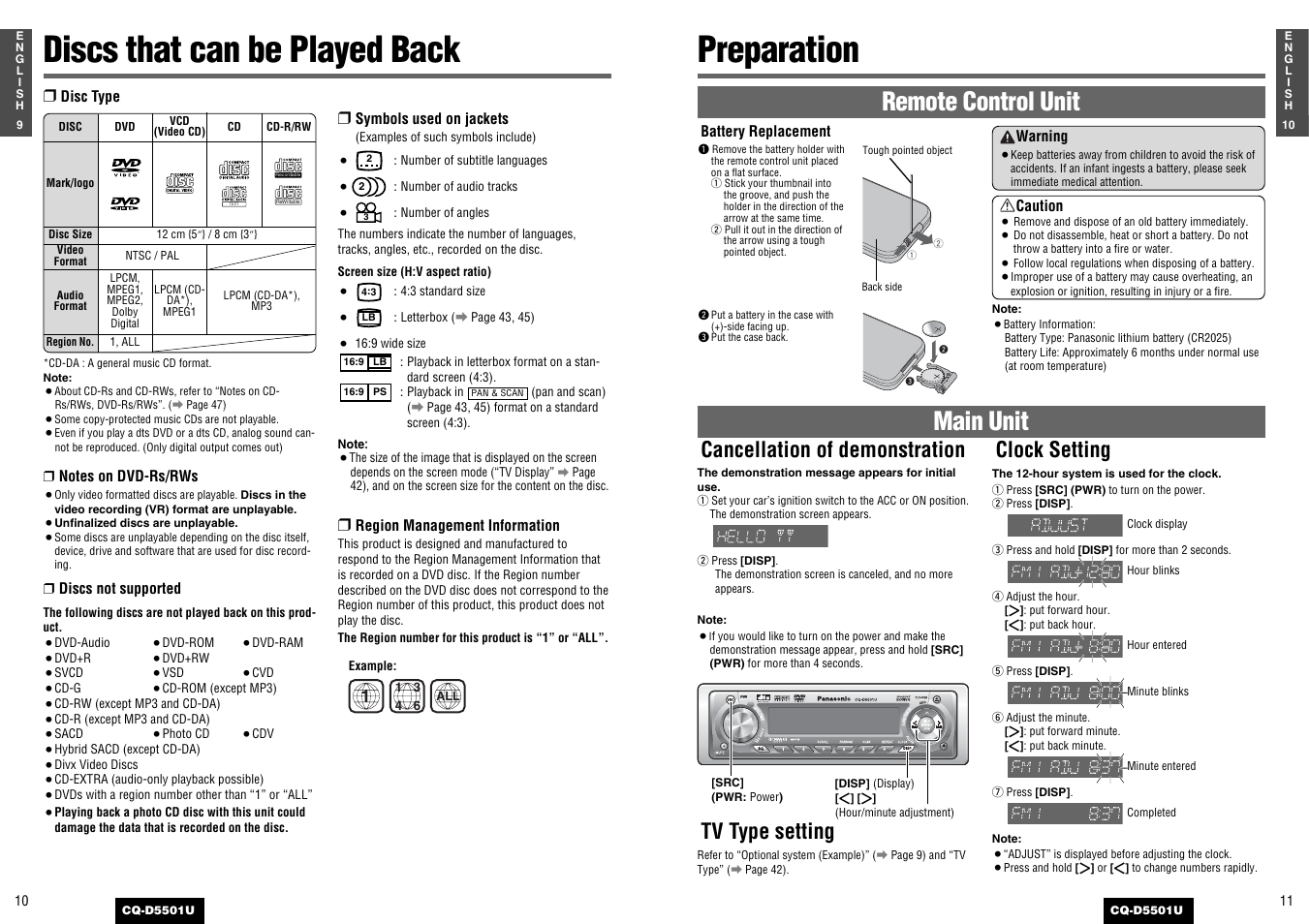 Discs that can be played back, Prparation, Preparation | Remote control unit, Main unit, Cancellation of demonstration clock setting, Tv type setting | Panasonic CQ-D5501U User Manual | Page 6 / 32