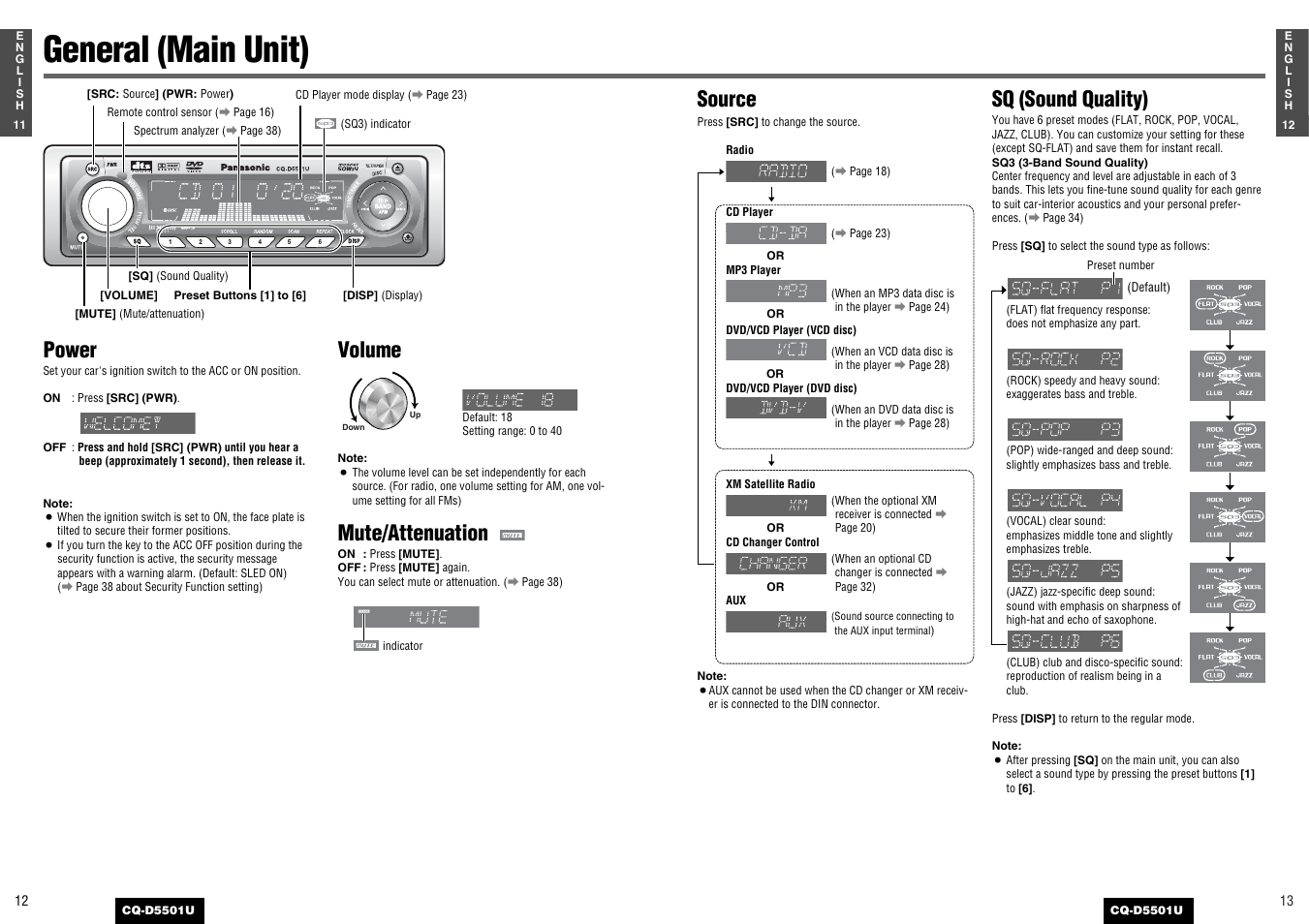 General (main unit), Source, Sq (sound quality) | Power, Volume, Mute/attenuation | Panasonic CQ-D5501U User Manual | Page 7 / 32