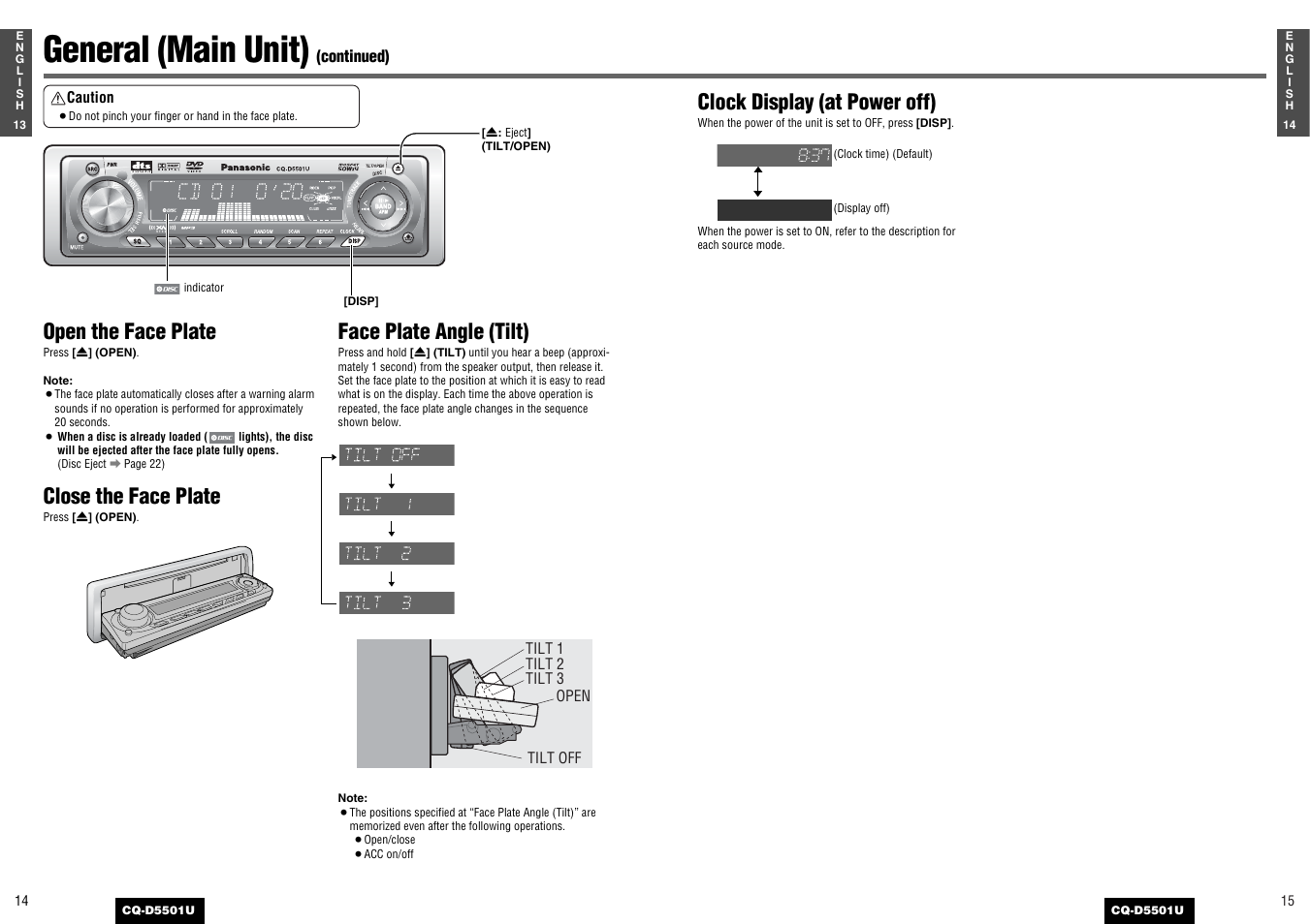 General (main unit), Open the face plate, Close the face plate | Face plate angle (tilt), Clock display (at power off) | Panasonic CQ-D5501U User Manual | Page 8 / 32